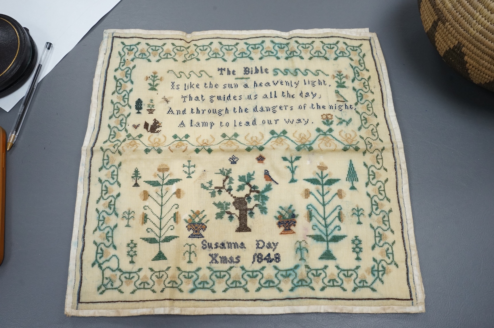 Two unframed large samplers, by Susanna and Ann Elizabeth Day, (sisters) both dated 1848. Two other unframed simpler alphabet samplers both by Florence Emily Day, dated 1876 and 1878. (4)